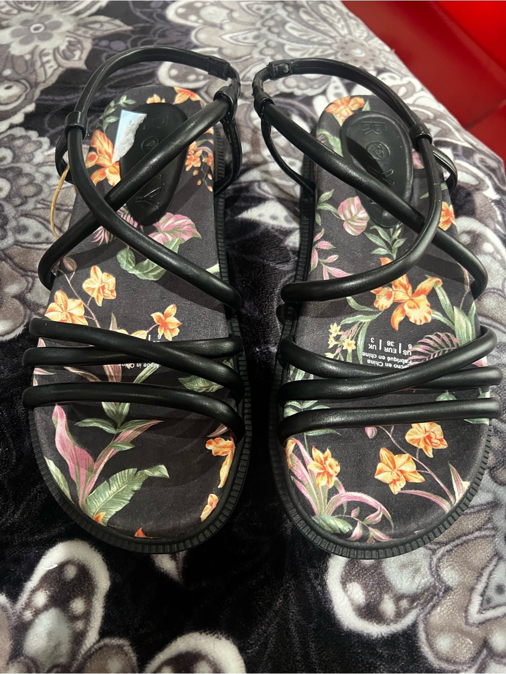 Roxy Black Floral Strappy Sandals with Orange & Green Accents
